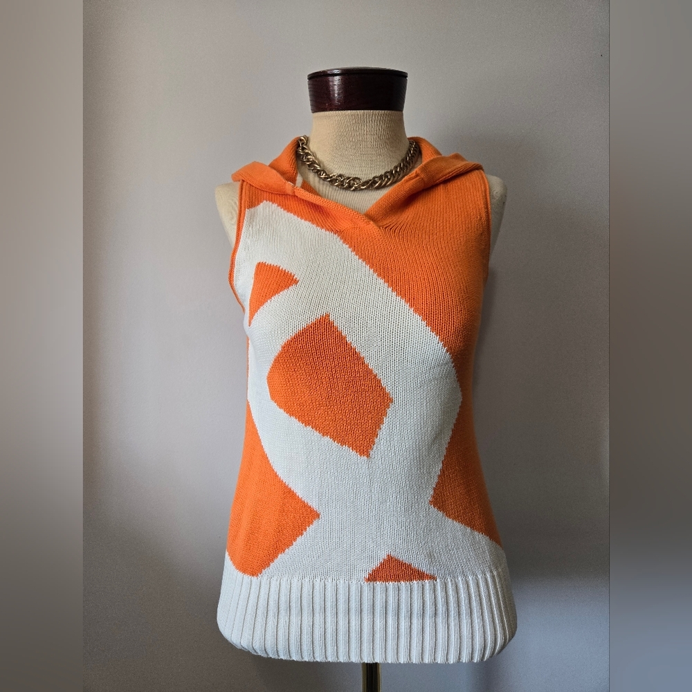 A|X Armani Exchange Orange and White Knit Sweater Vest With Hood. Size Medium